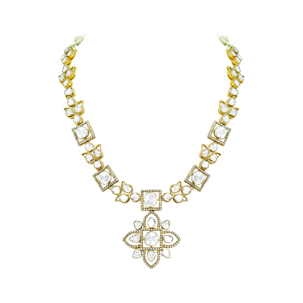 Polki Necklace with Floral Motifs and Lotus-Inspired Pendant